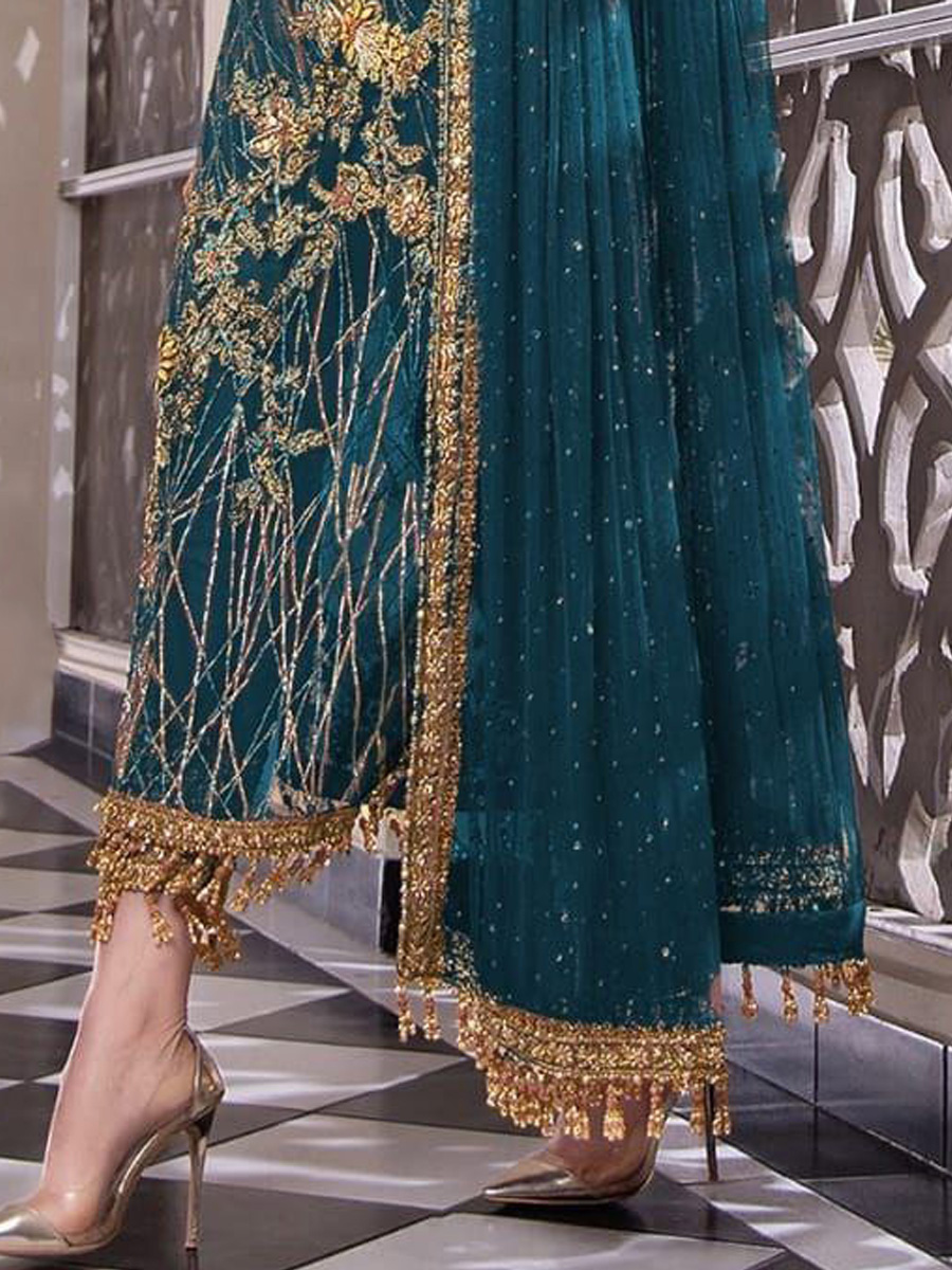 Blue Net Embroidered Festival Party Pant Salwar Kameez