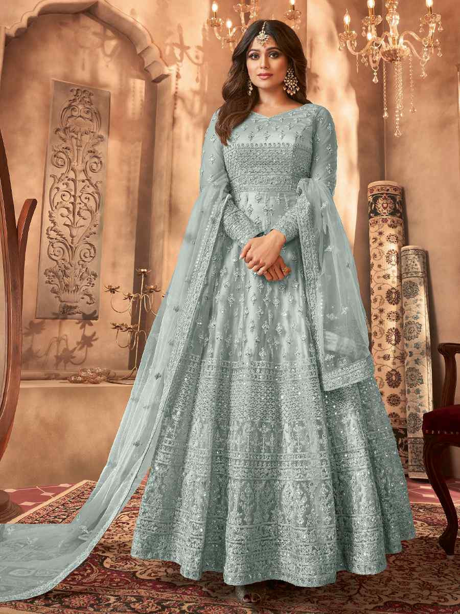 Blue Net Embroidered Festival Wedding Anarkali Salwar Kameez