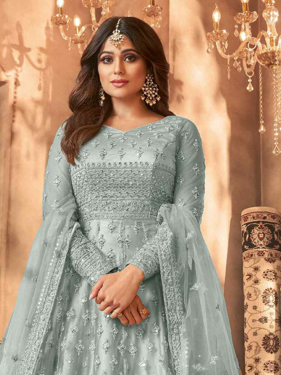 Blue Net Embroidered Festival Wedding Anarkali Salwar Kameez