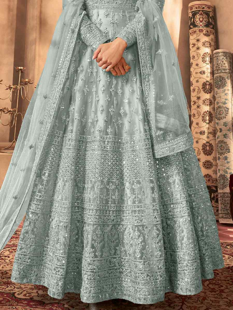 Blue Net Embroidered Festival Wedding Anarkali Salwar Kameez