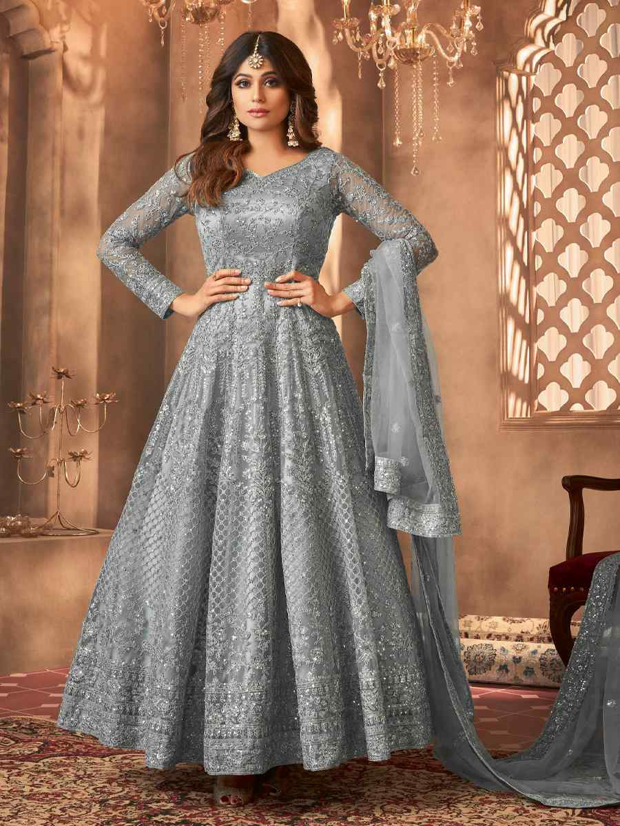 Blue Net Embroidered Festival Wedding Anarkali Salwar Kameez