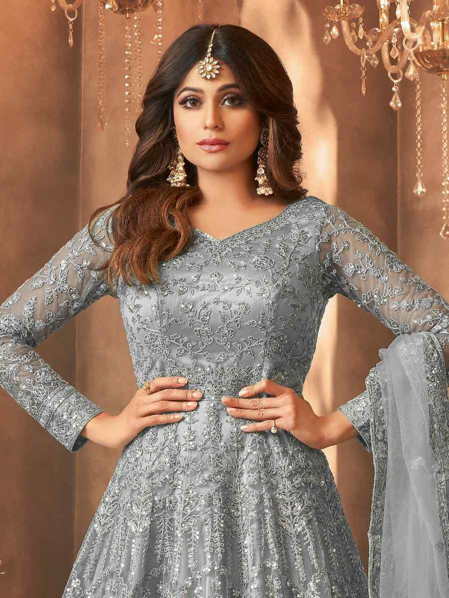 Blue Net Embroidered Festival Wedding Anarkali Salwar Kameez