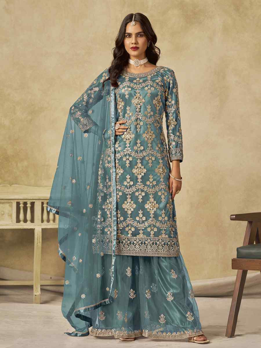 Blue Net Embroidered Festival Wedding Sharara Pant Salwar Kameez
