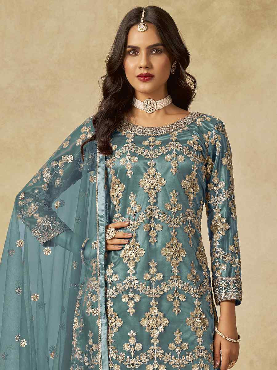 Blue Net Embroidered Festival Wedding Sharara Pant Salwar Kameez