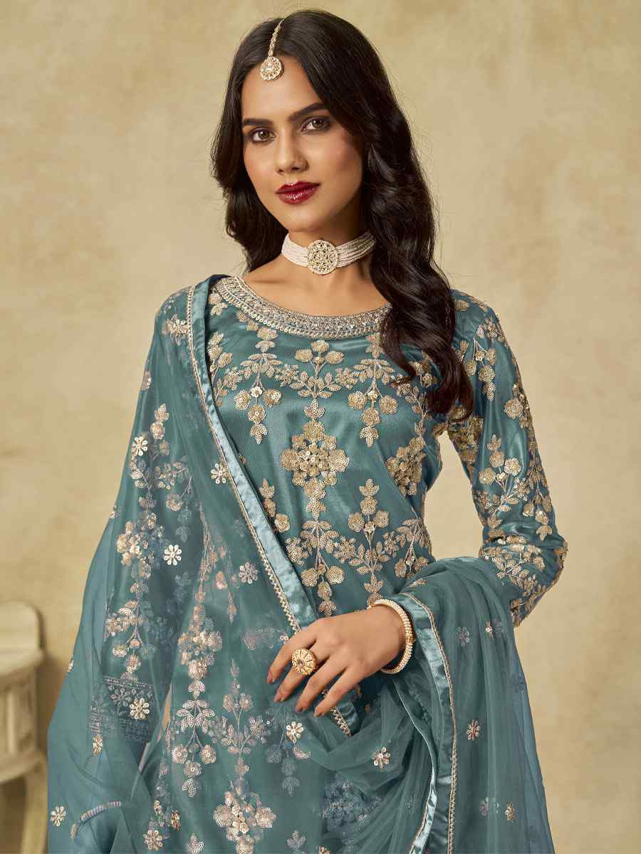Blue Net Embroidered Festival Wedding Sharara Pant Salwar Kameez