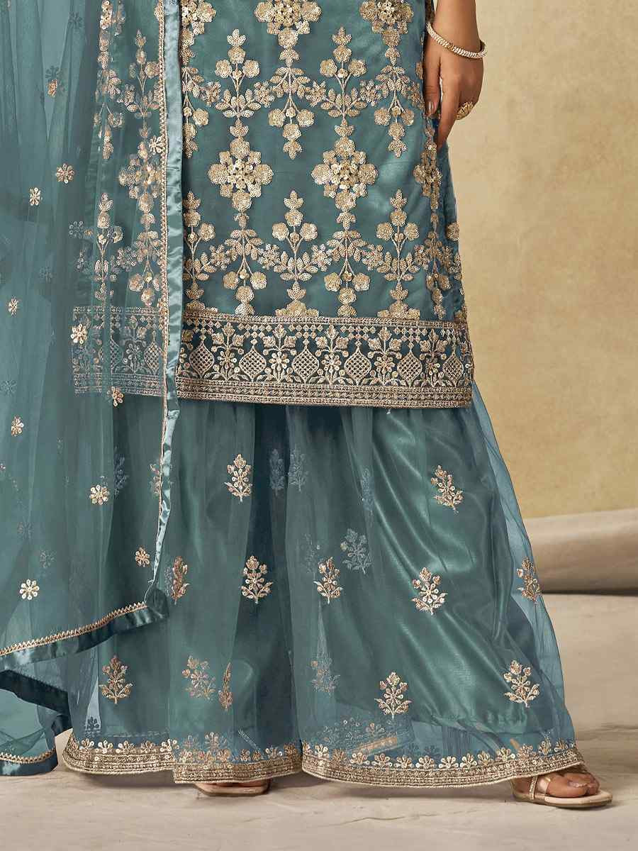 Blue Net Embroidered Festival Wedding Sharara Pant Salwar Kameez