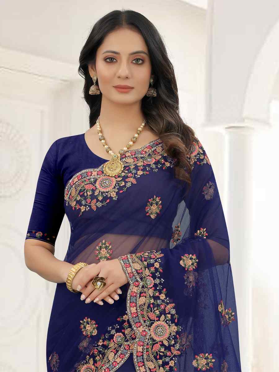 Blue Net Embroidered Party Wedding Heavy Border Saree