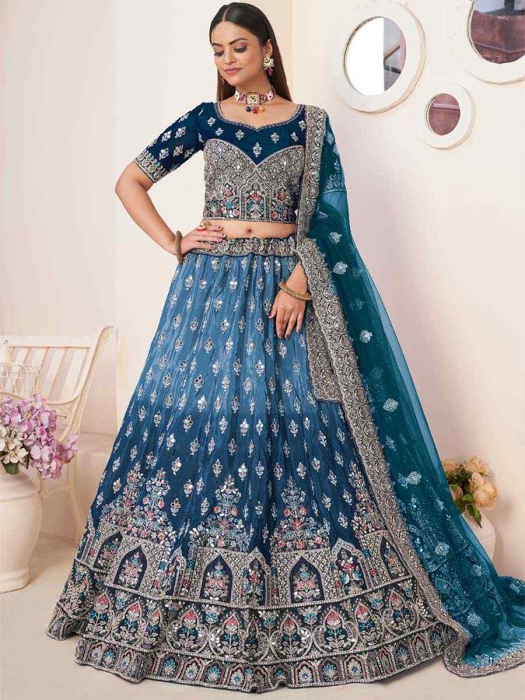 Blue Net Embroidered Reception Wedding Heavy Border Lehenga Choli