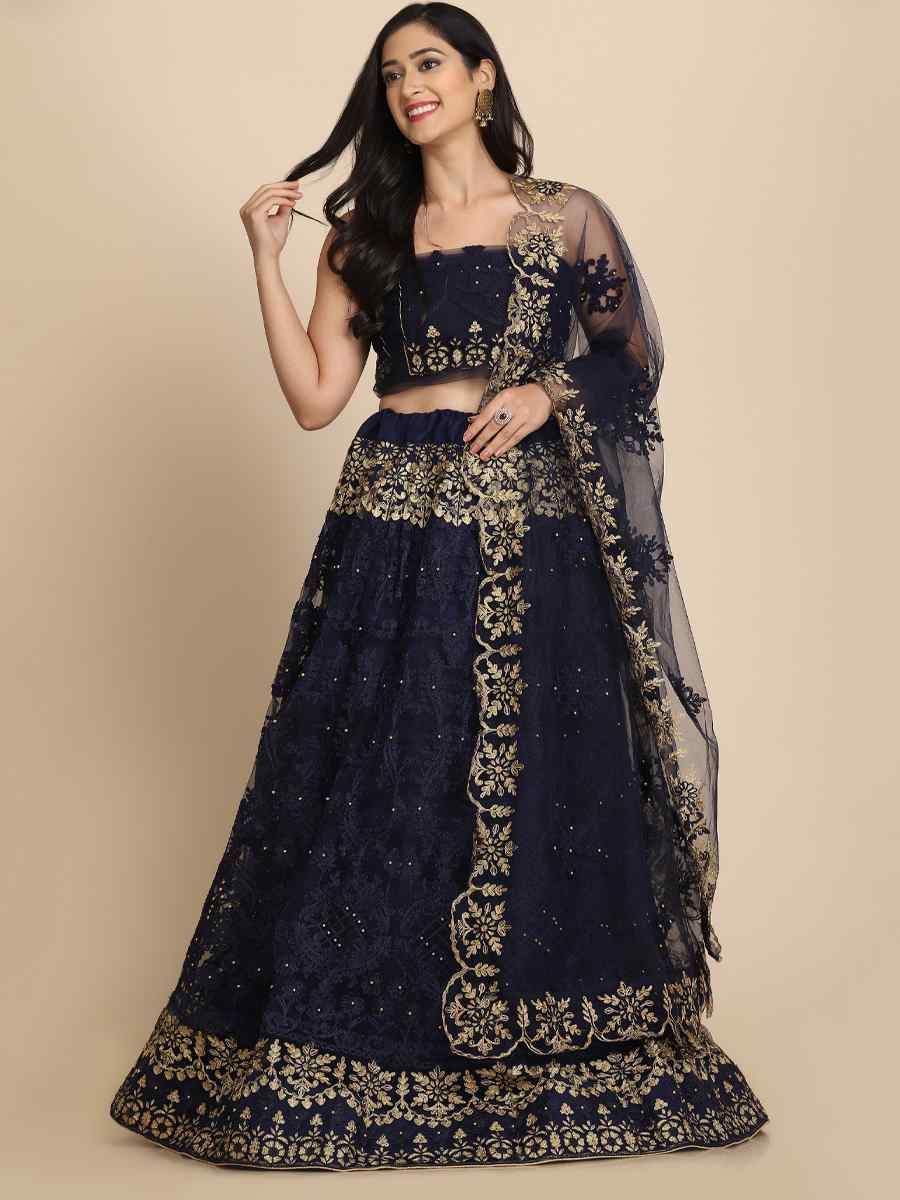 Blue Net Embroidered Wedding Festival Heavy Border Lehenga Choli