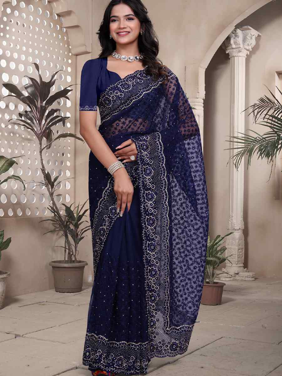 Blue Net Embroidery Party Bridal Reception Festival Wedding Fancy Heavy Border Saree