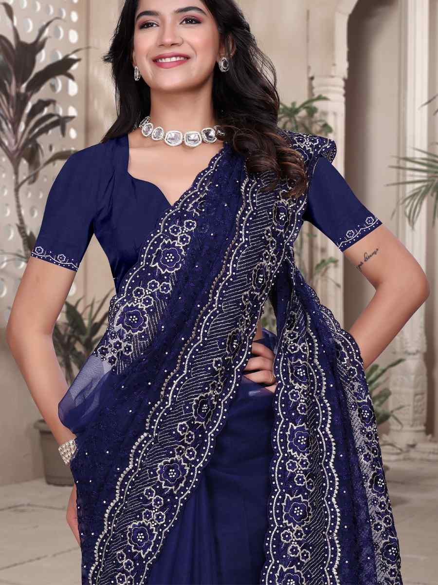 Blue Net Embroidery Party Bridal Reception Festival Wedding Fancy Heavy Border Saree