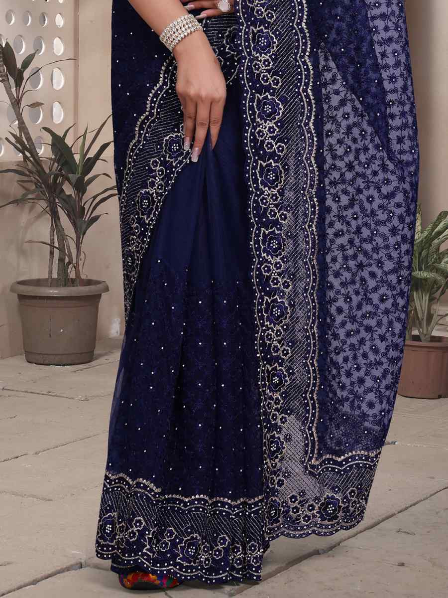Blue Net Embroidery Party Bridal Reception Festival Wedding Fancy Heavy Border Saree