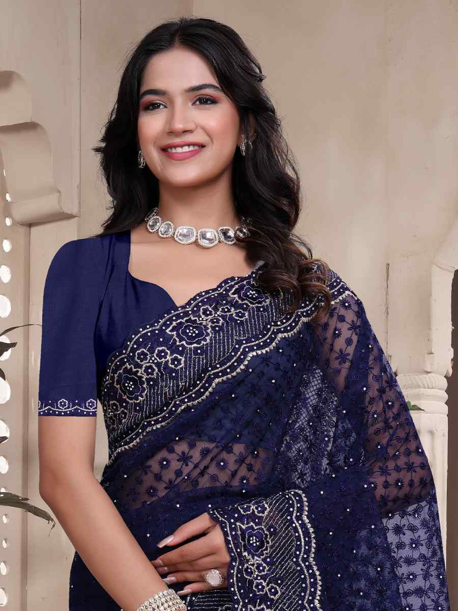 Blue Net Embroidery Party Bridal Reception Festival Wedding Fancy Heavy Border Saree