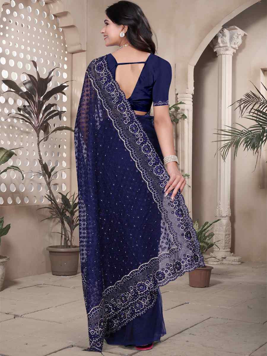 Blue Net Embroidery Party Bridal Reception Festival Wedding Fancy Heavy Border Saree