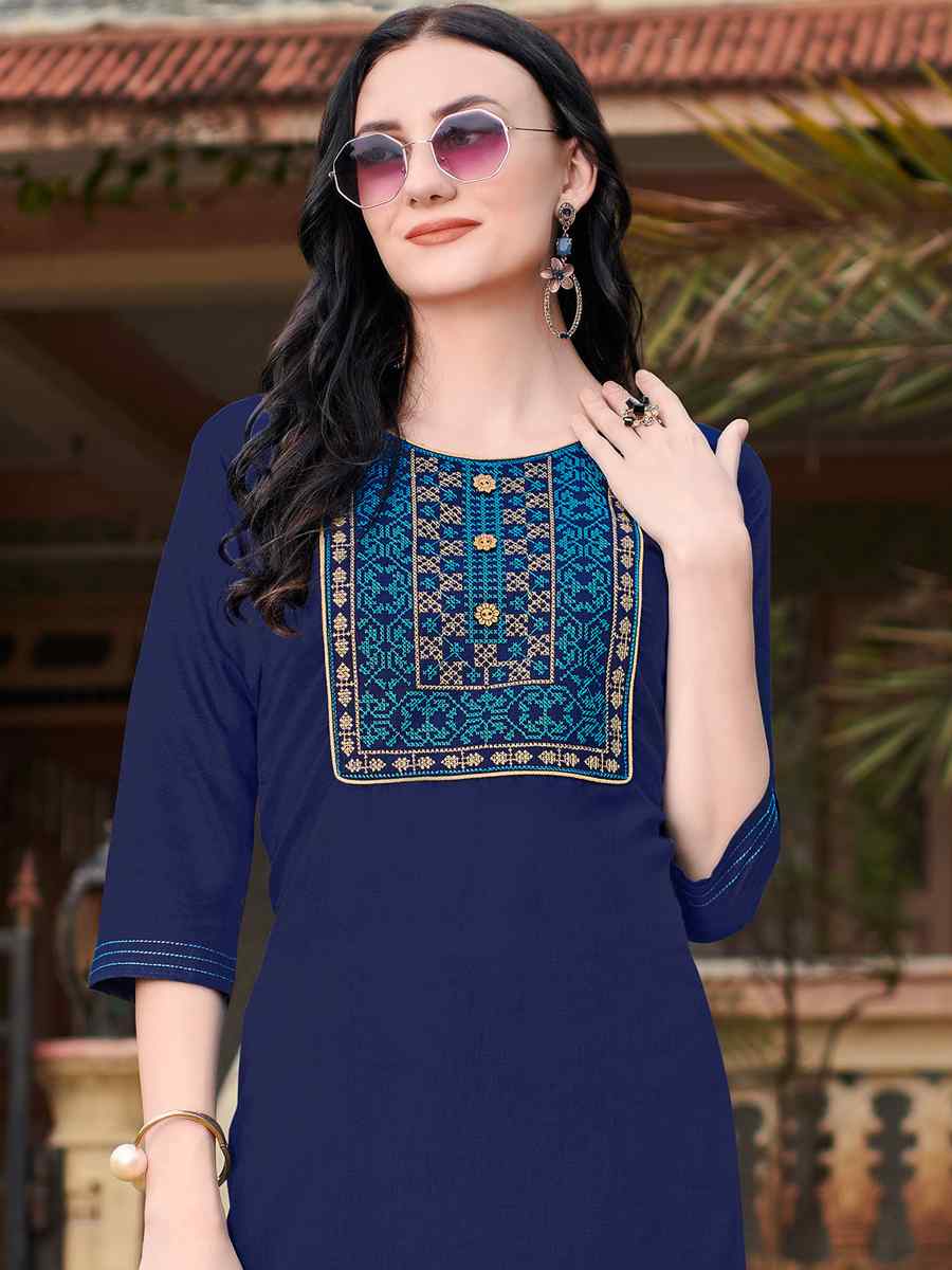 Blue Nira Cotton Embroidered Festival Casual Kurti