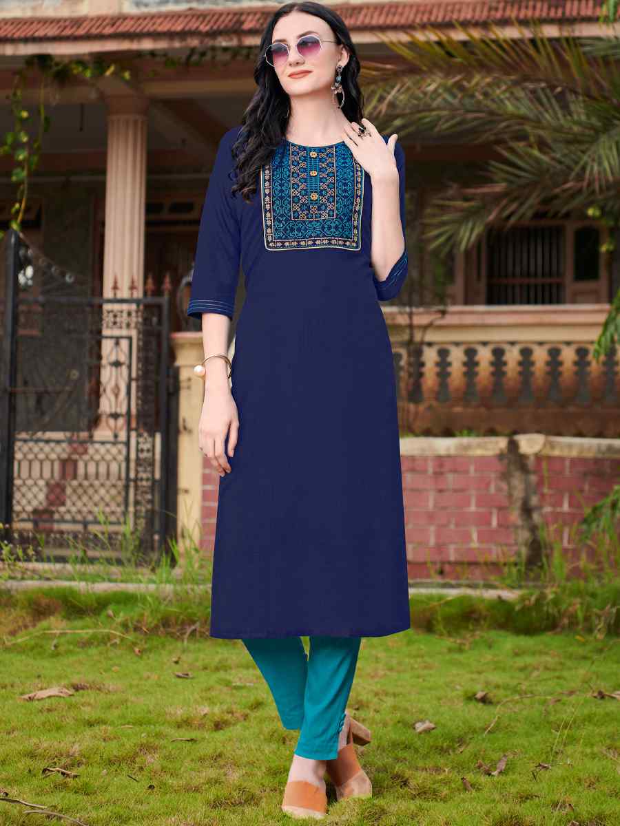 Blue Nira Cotton Embroidered Festival Casual Kurti