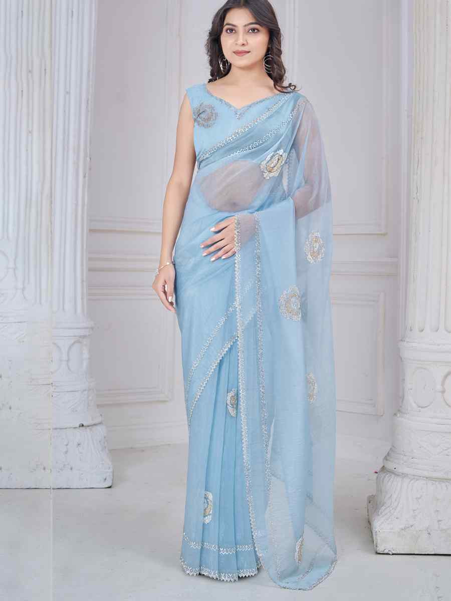 Blue Organza Embroidered Festival Wedding Fancy Casual Contemporary Saree