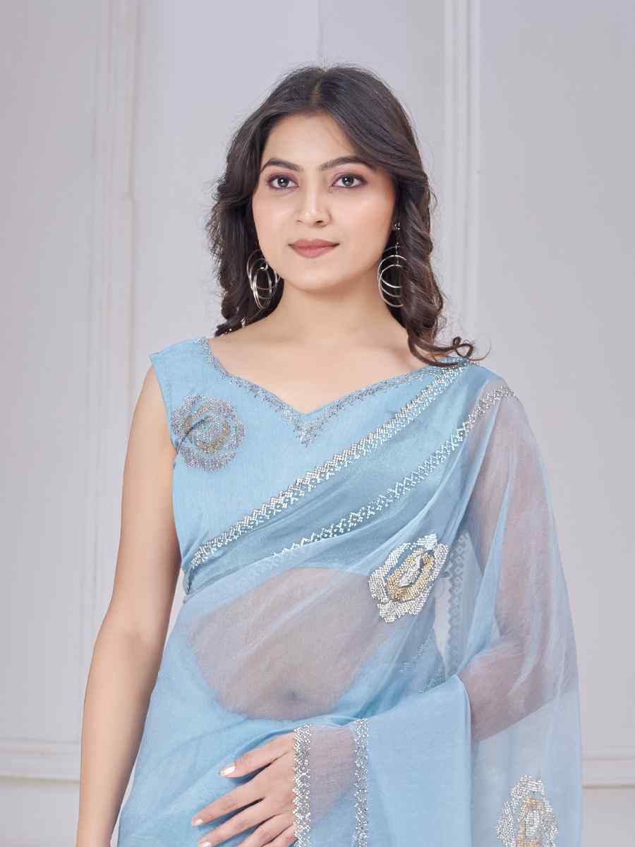 Blue Organza Embroidered Festival Wedding Fancy Casual Contemporary Saree