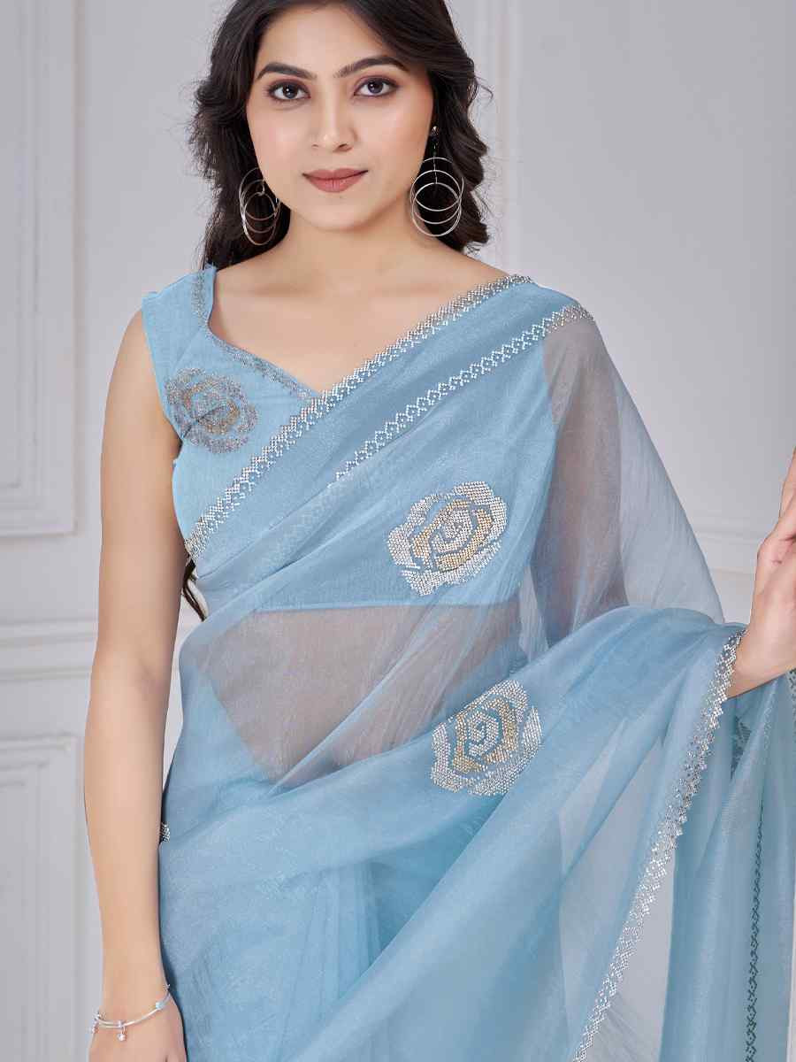 Blue Organza Embroidered Festival Wedding Fancy Casual Contemporary Saree