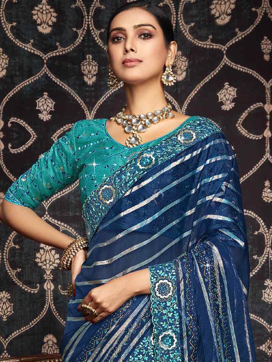 Blue Organza Embroidered Party Festival Classic Style Saree