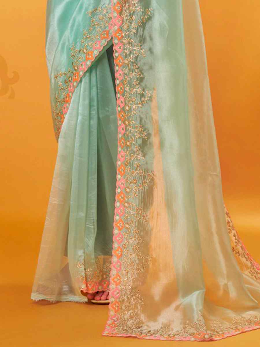 Blue Organza Embroidered Party Festival Classic Style Saree