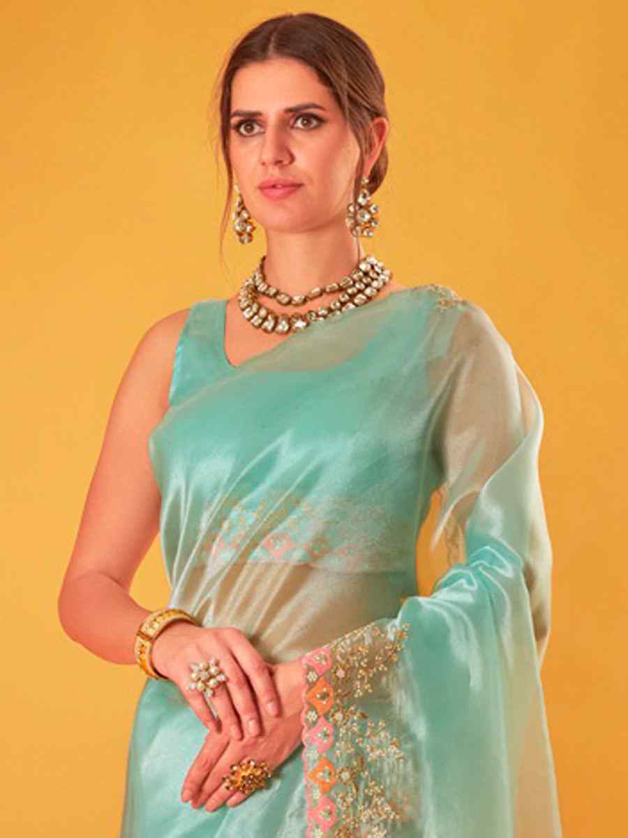 Blue Organza Embroidered Party Festival Classic Style Saree