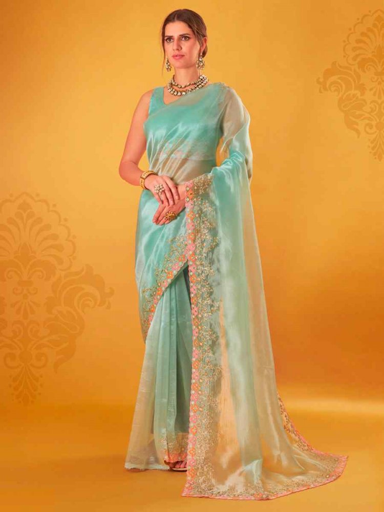 Blue Organza Embroidered Party Festival Classic Style Saree