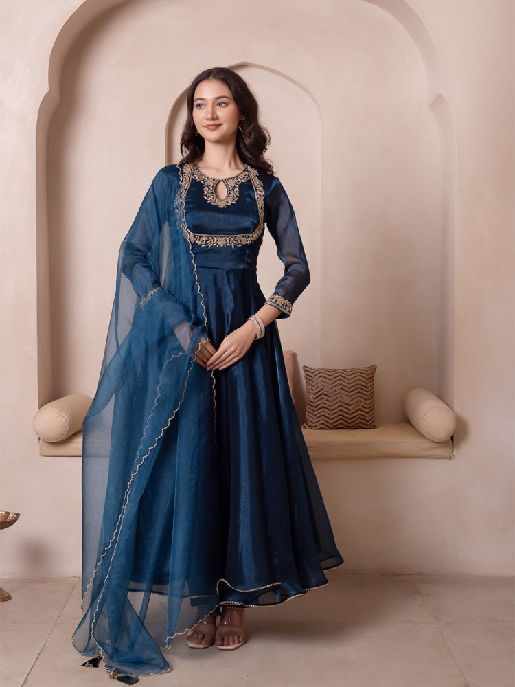 Image of Blue Organza Embroidery Wedding Party Festival Casual Ready Anarkali Pant Salwar Kameez