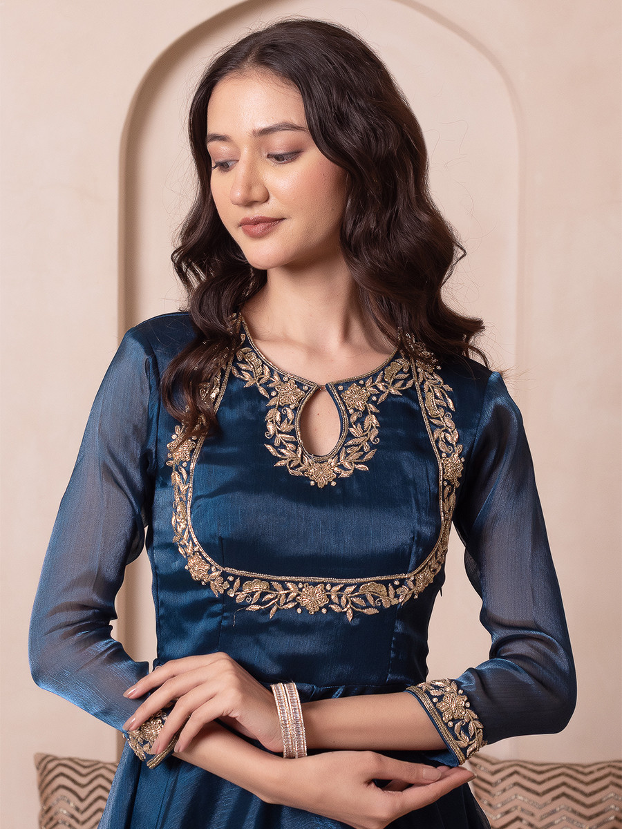 Blue Organza Embroidery Wedding Party Festival Casual Ready Anarkali Pant Salwar Kameez