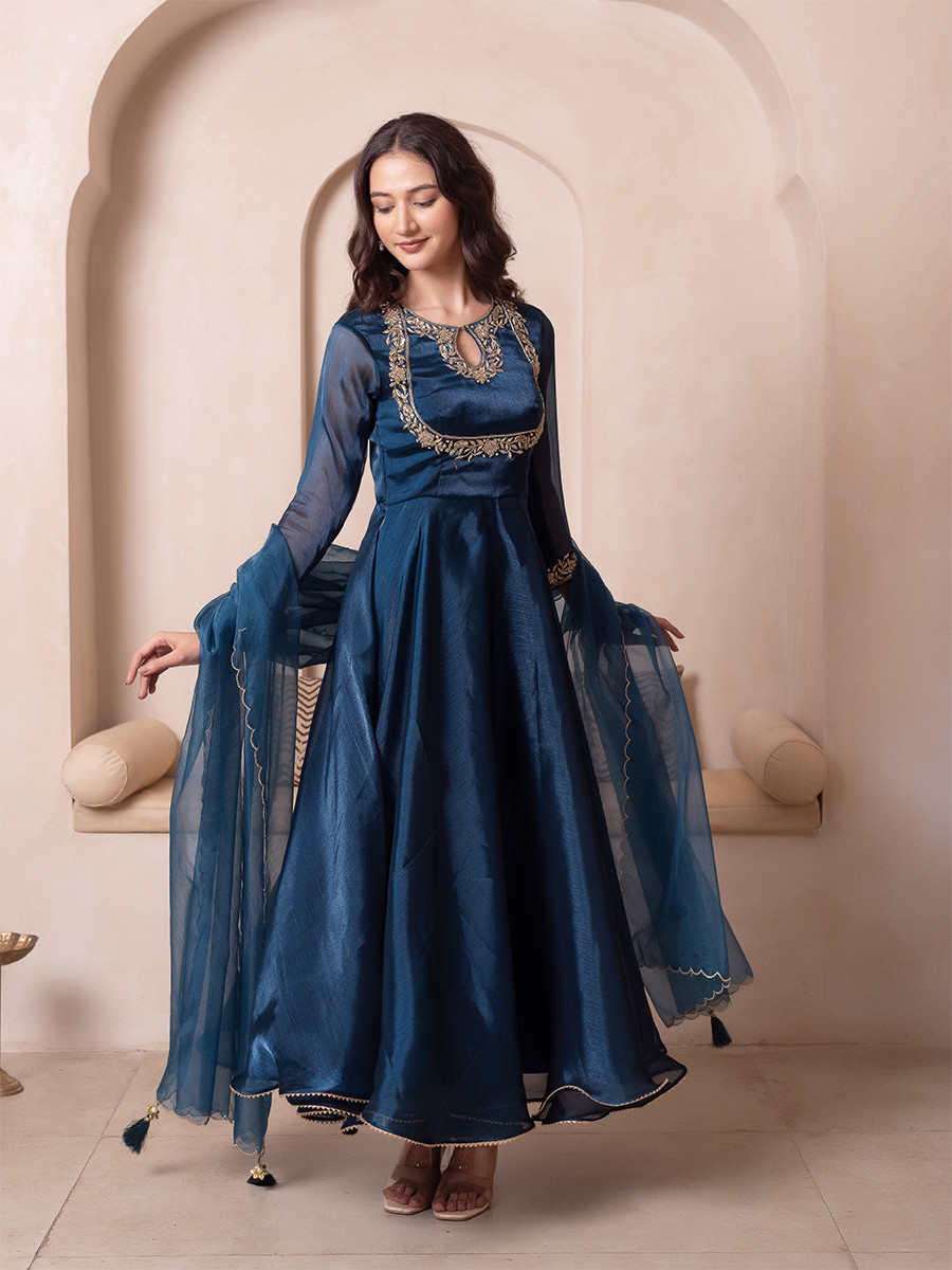Blue Organza Embroidery Wedding Party Festival Casual Ready Anarkali Pant Salwar Kameez