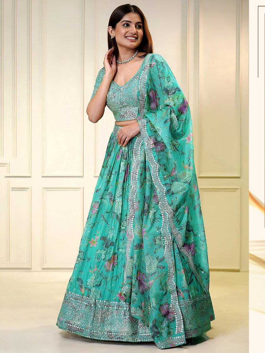 Blue Organza Embroidery Zari Sequins Floral Print Wedding Reception Party Festival Heavy Border Lehenga Choli