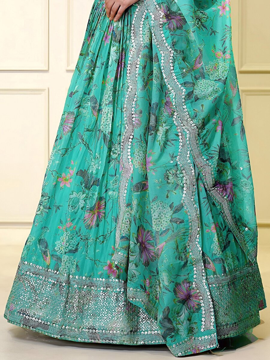 Blue Organza Embroidery Zari Sequins Floral Print Wedding Reception Party Festival Heavy Border Lehenga Choli