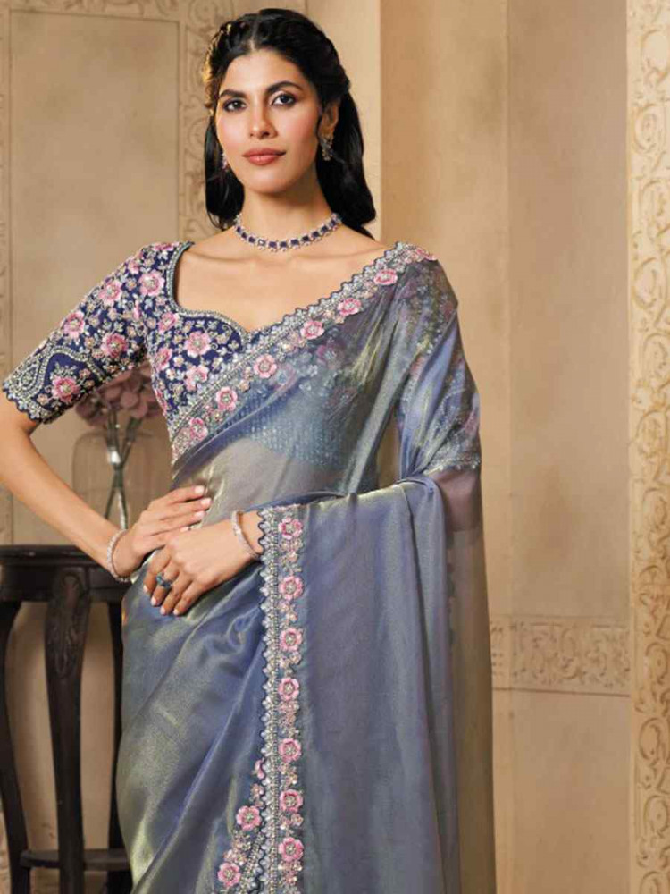 Image of Blue Organza Satin Embroidery Festival Wedding Fancy Heavy Border Saree