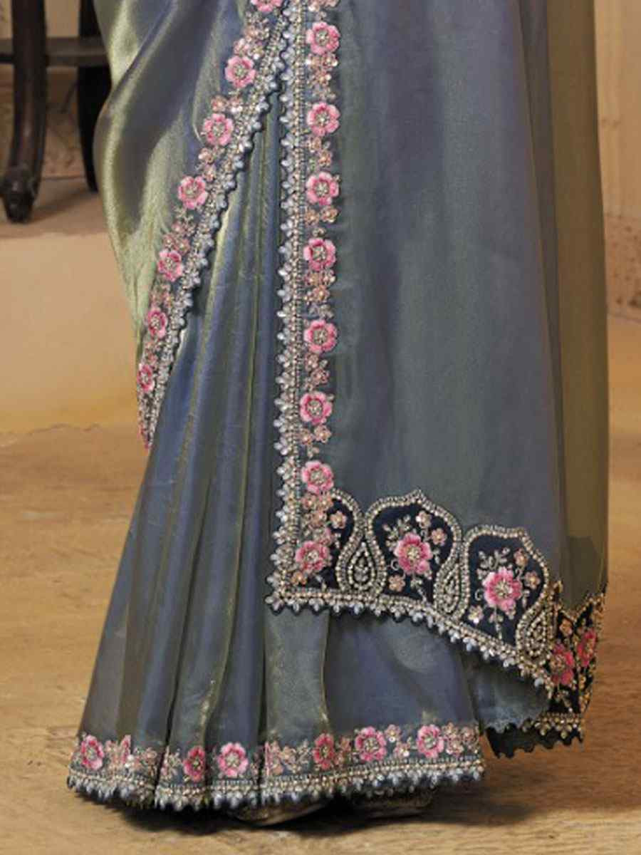 Blue Organza Satin Embroidery Festival Wedding Fancy Heavy Border Saree