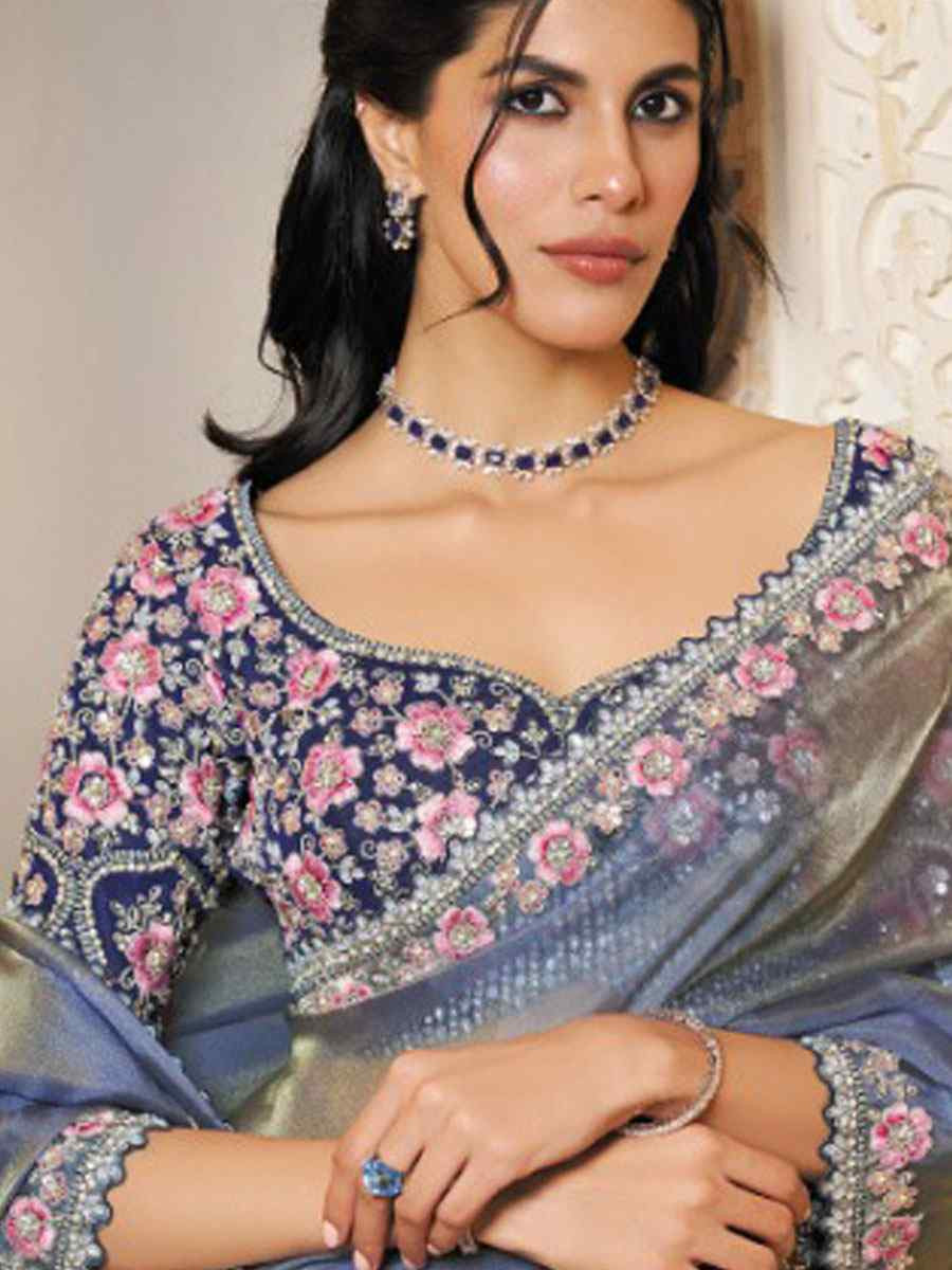 Blue Organza Satin Embroidery Festival Wedding Fancy Heavy Border Saree