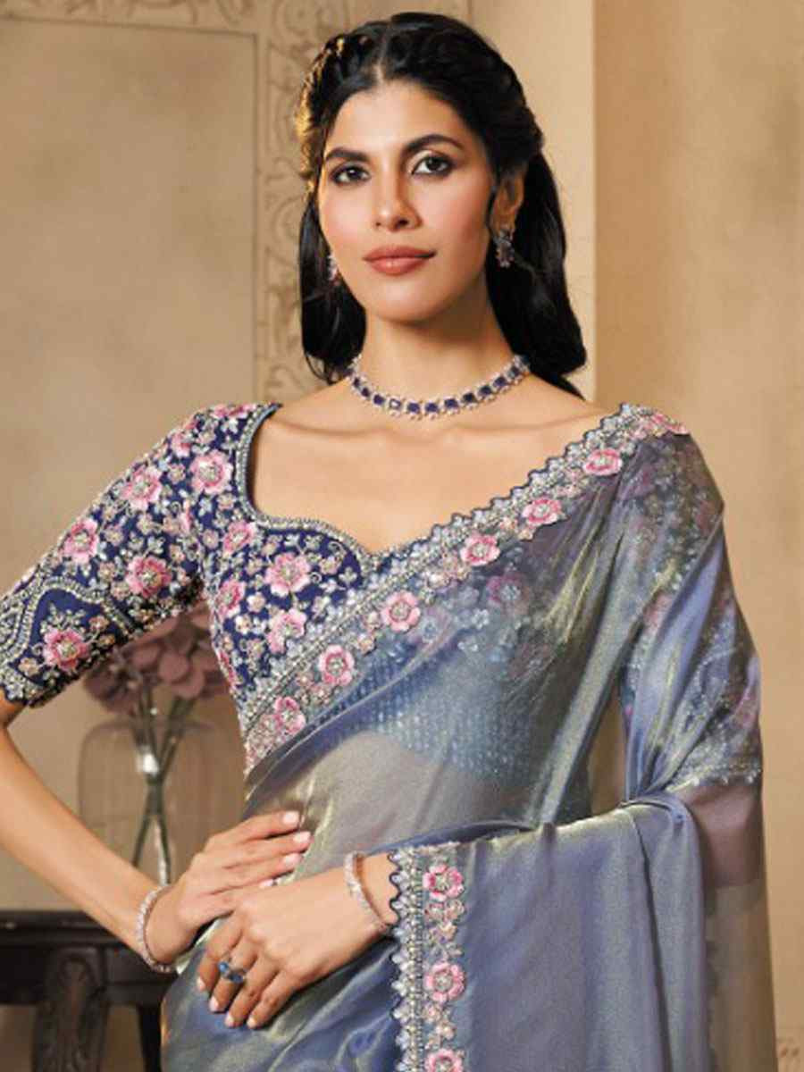 Blue Organza Satin Embroidery Festival Wedding Fancy Heavy Border Saree