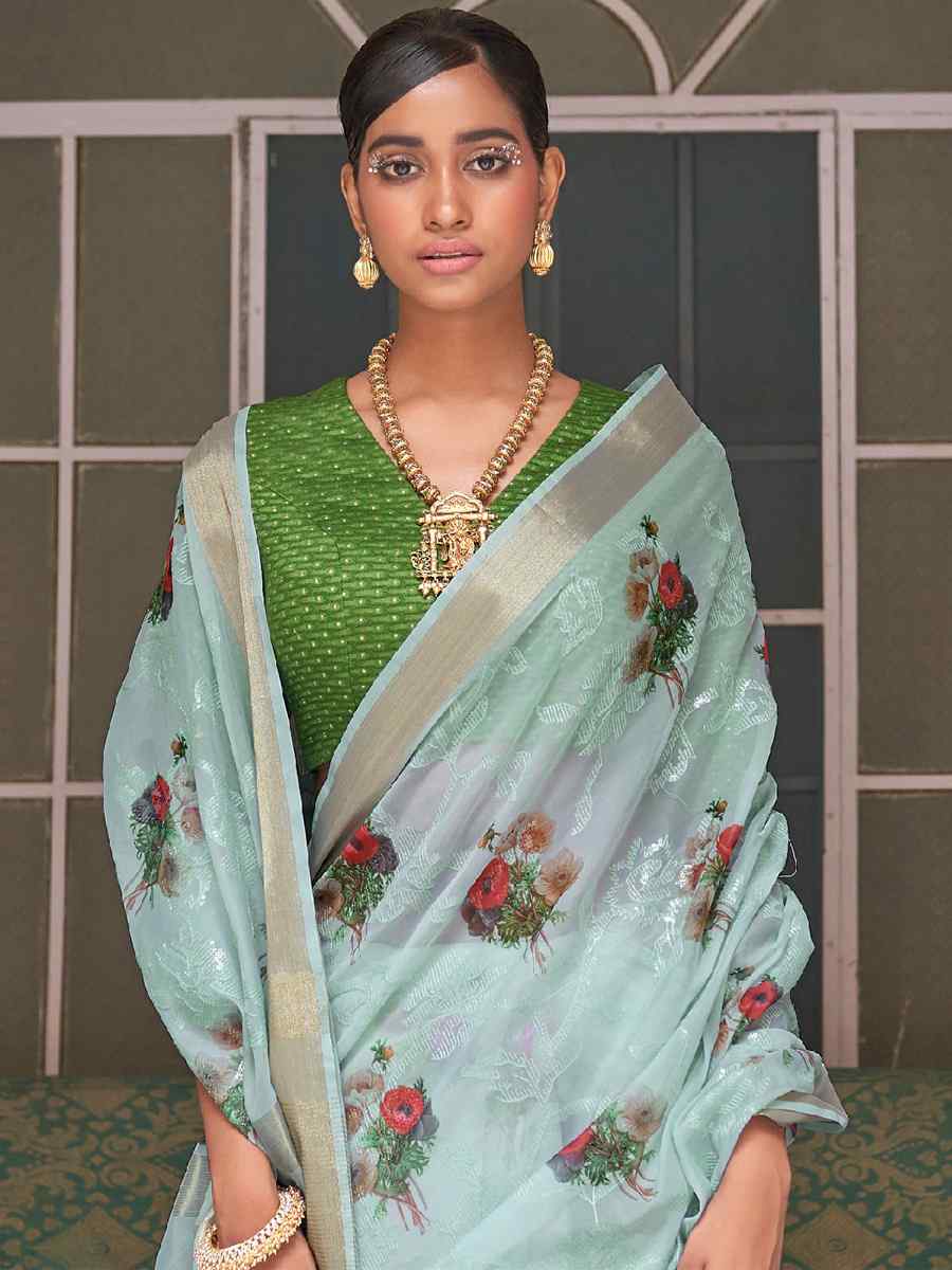 Blue Organza Silk Embroidered Party Festival Classic Style Saree