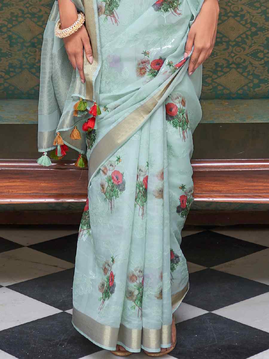 Blue Organza Silk Embroidered Party Festival Classic Style Saree