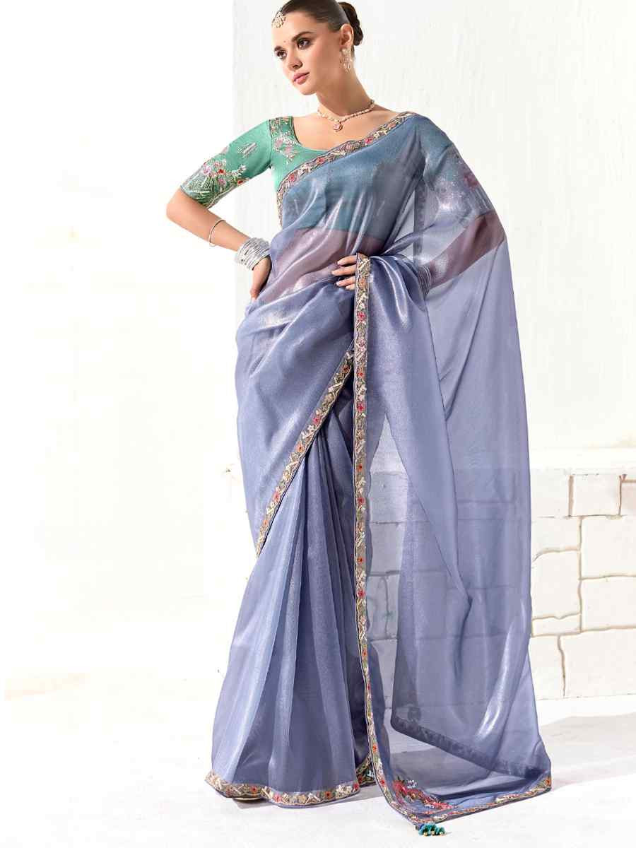 Blue Organza Tissue Embroidered Festival Wedding Fancy Heavy Border Saree