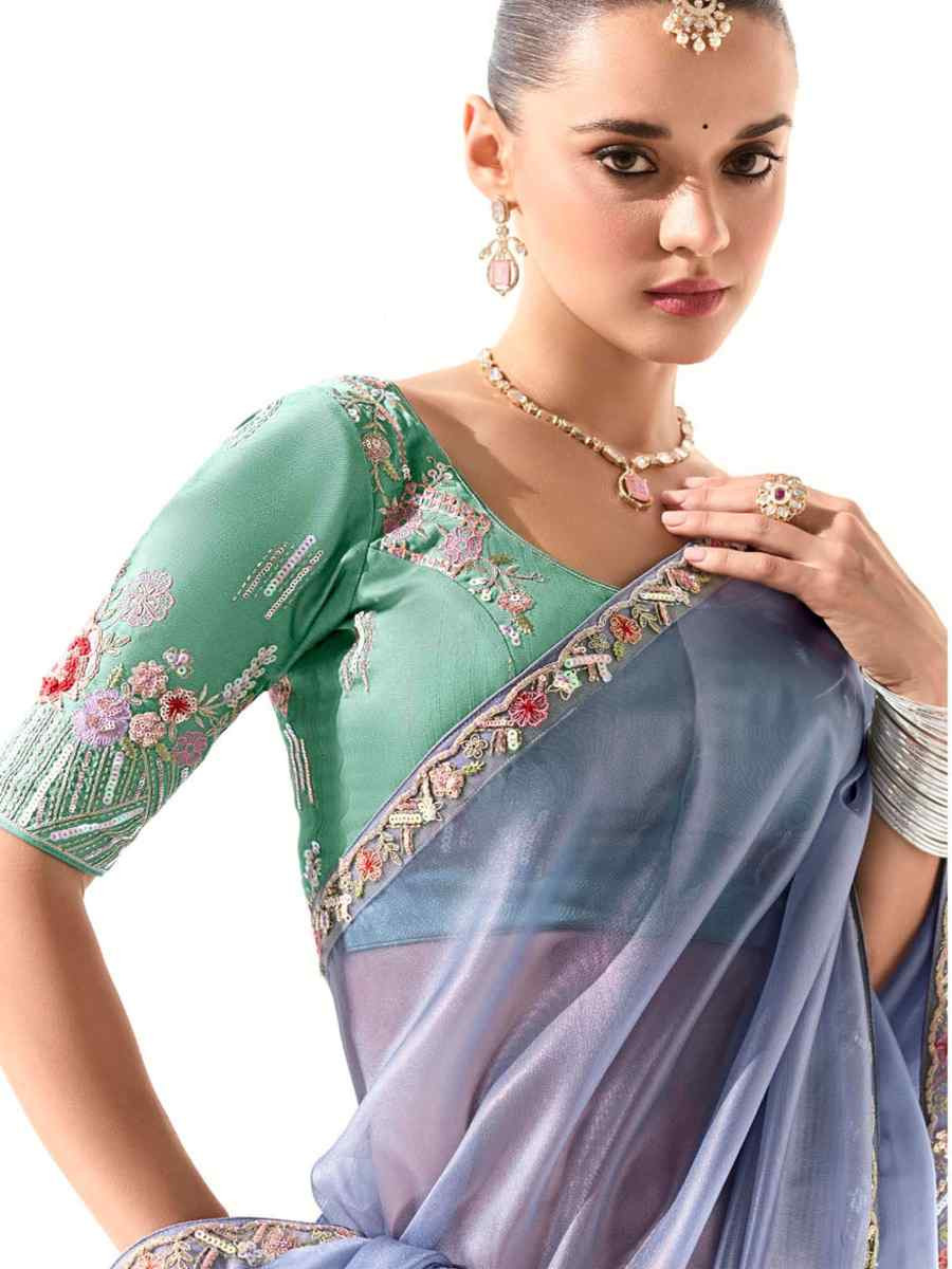 Blue Organza Tissue Embroidered Festival Wedding Fancy Heavy Border Saree
