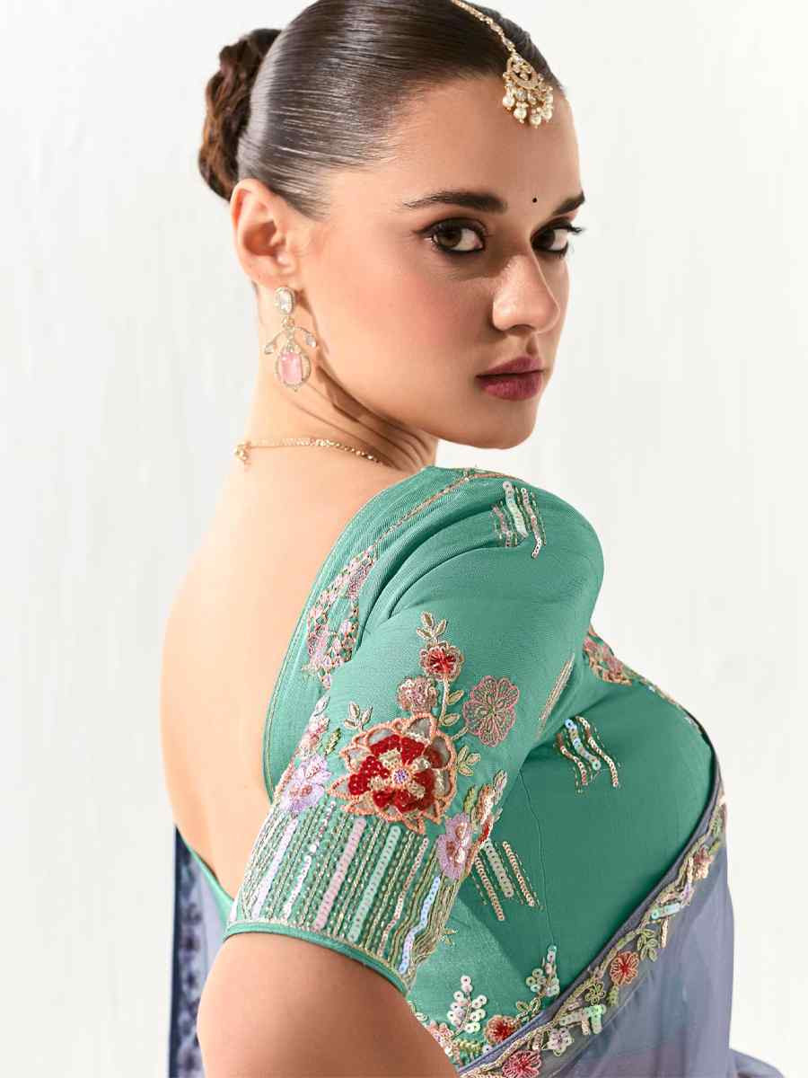 Blue Organza Tissue Embroidered Festival Wedding Fancy Heavy Border Saree