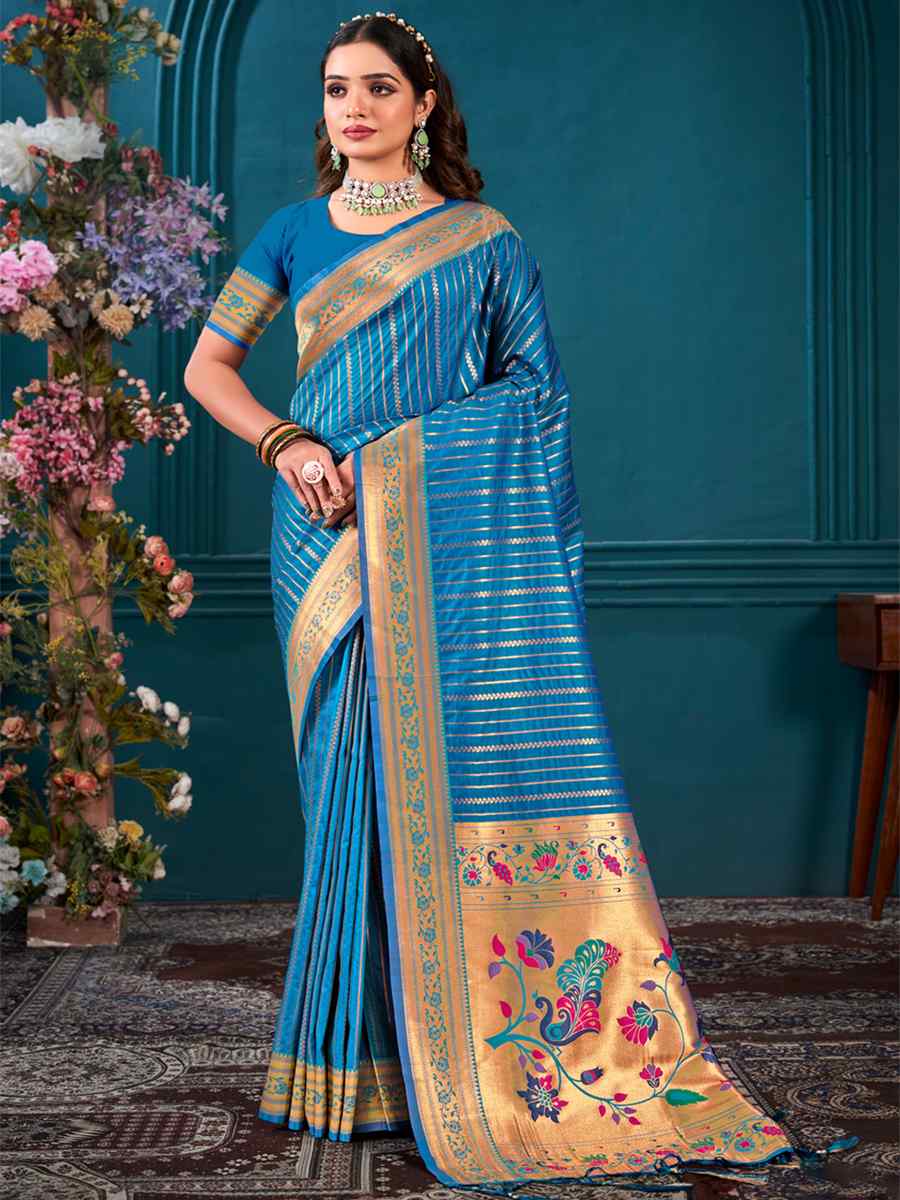 Blue Paithani Silk Handwoven Wedding Festival Heavy Border Saree