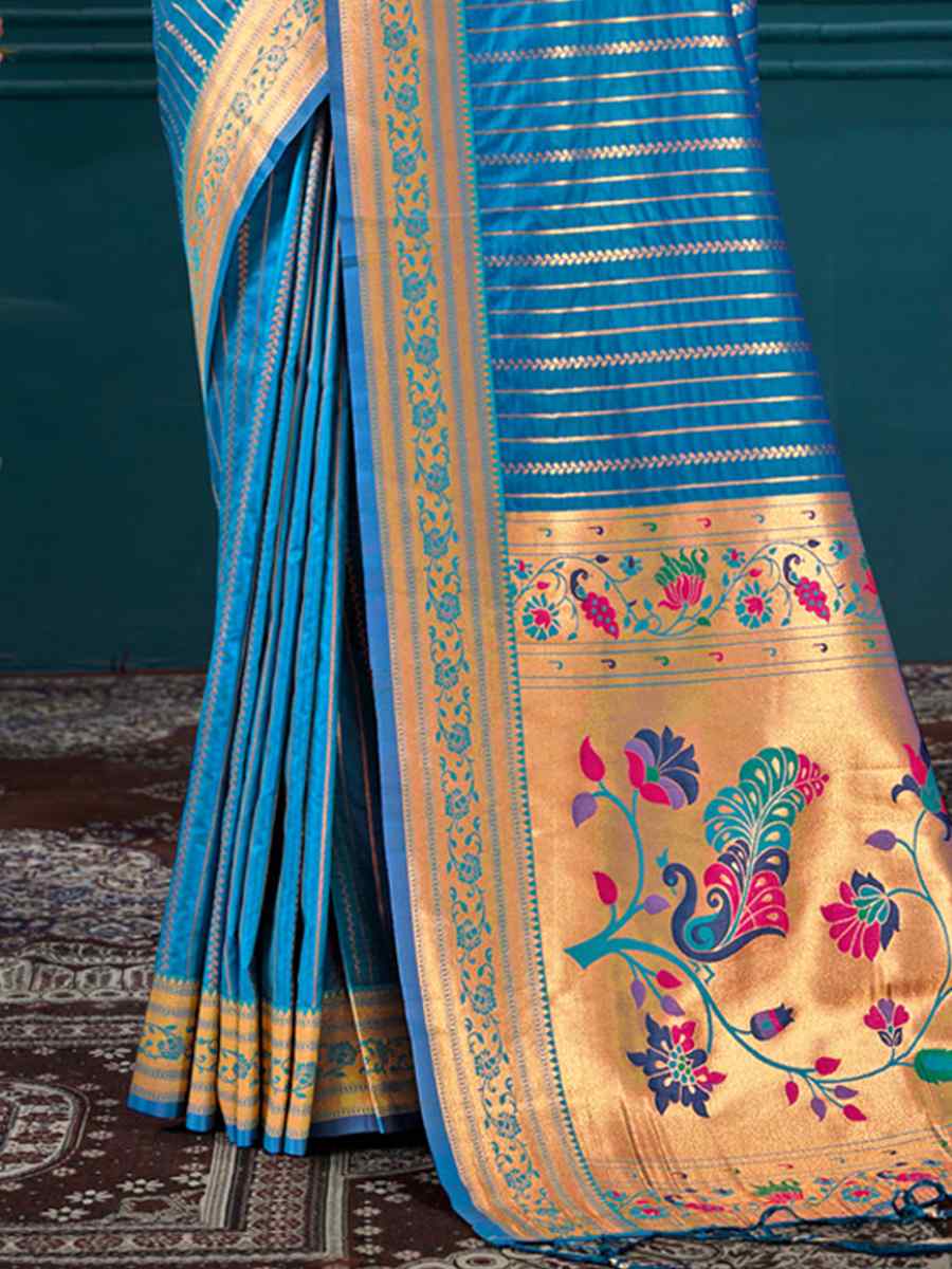 Blue Paithani Silk Handwoven Wedding Festival Heavy Border Saree