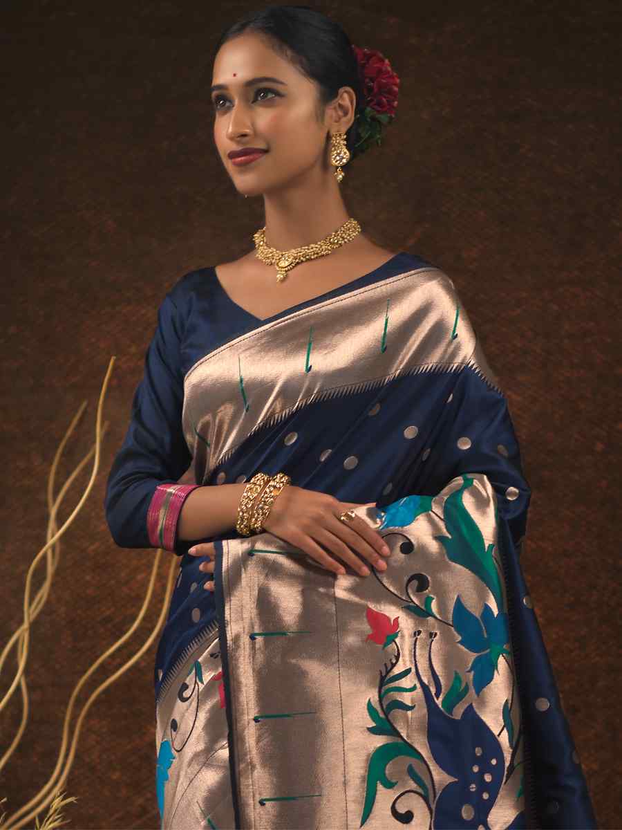 Blue Paithani Silk Handwoven Wedding Festival Heavy Border Saree