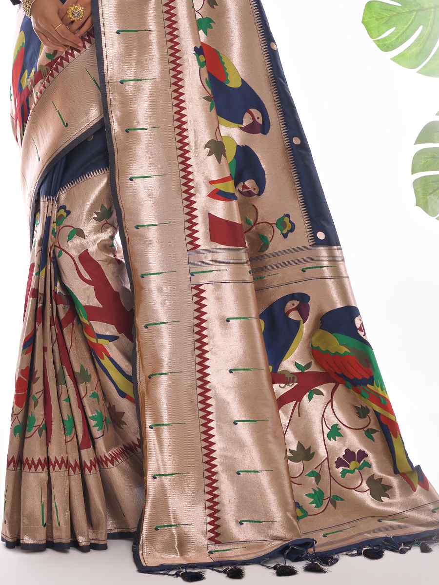 Blue Paithani Silk Handwoven Wedding Festival Heavy Border Saree