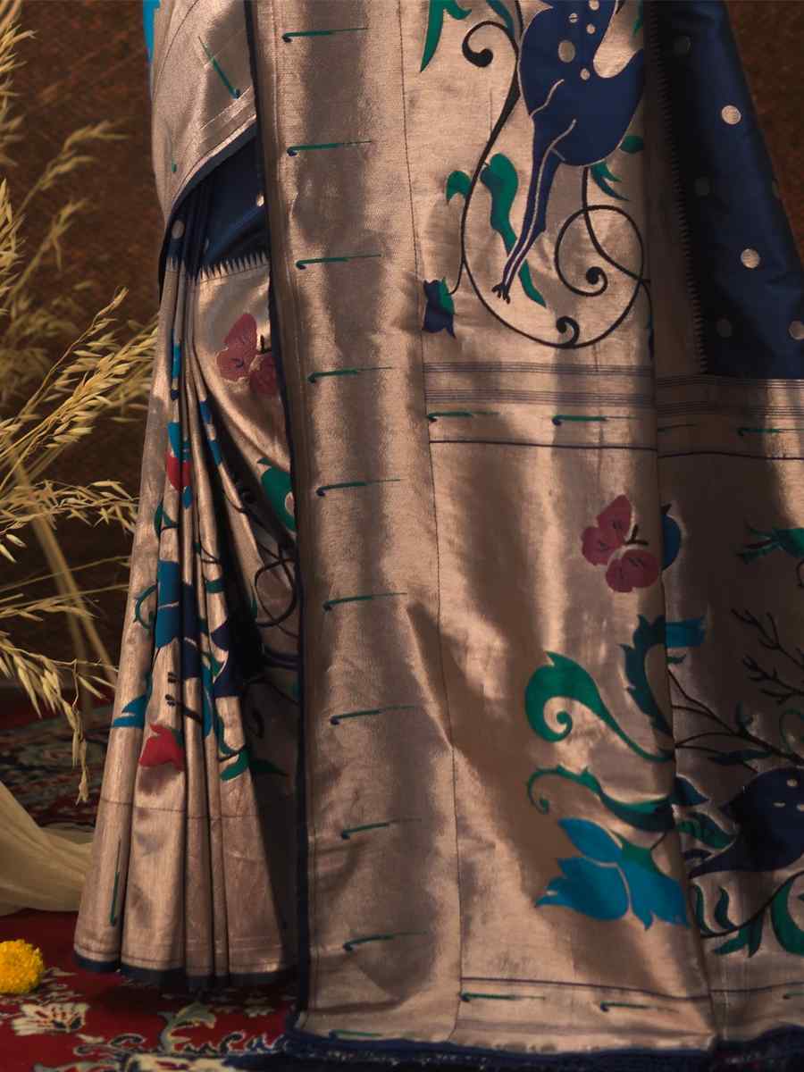 Blue Paithani Silk Handwoven Wedding Festival Heavy Border Saree