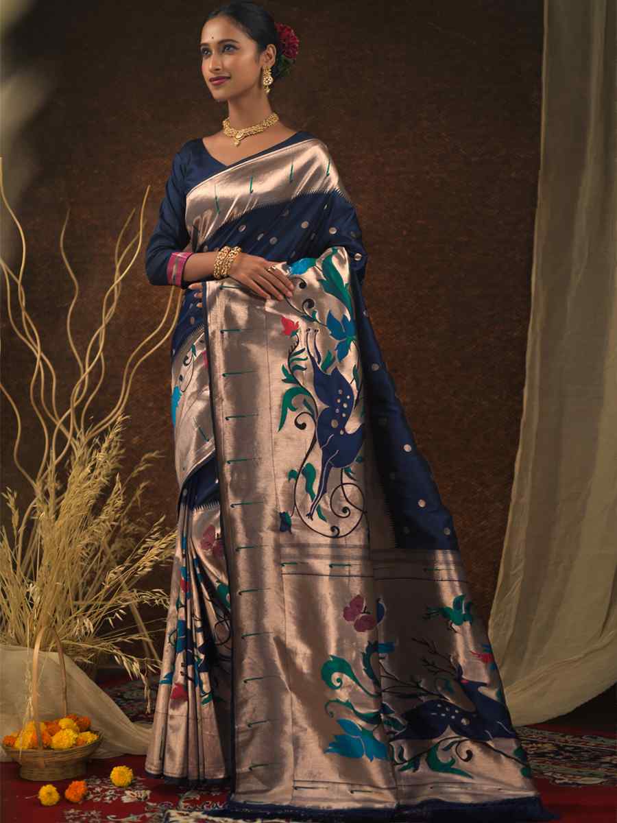 Blue Paithani Silk Handwoven Wedding Festival Heavy Border Saree