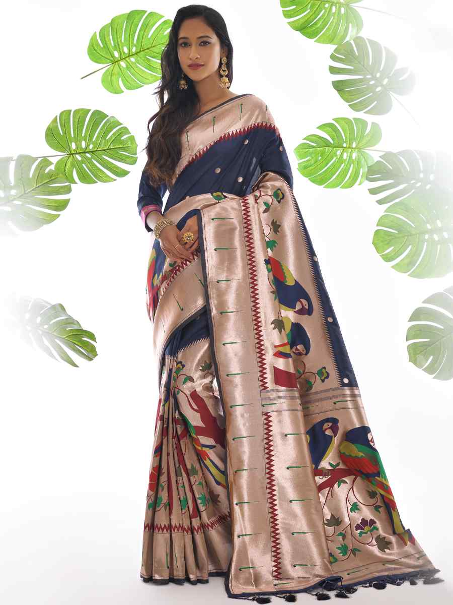 Blue Paithani Silk Handwoven Wedding Festival Heavy Border Saree