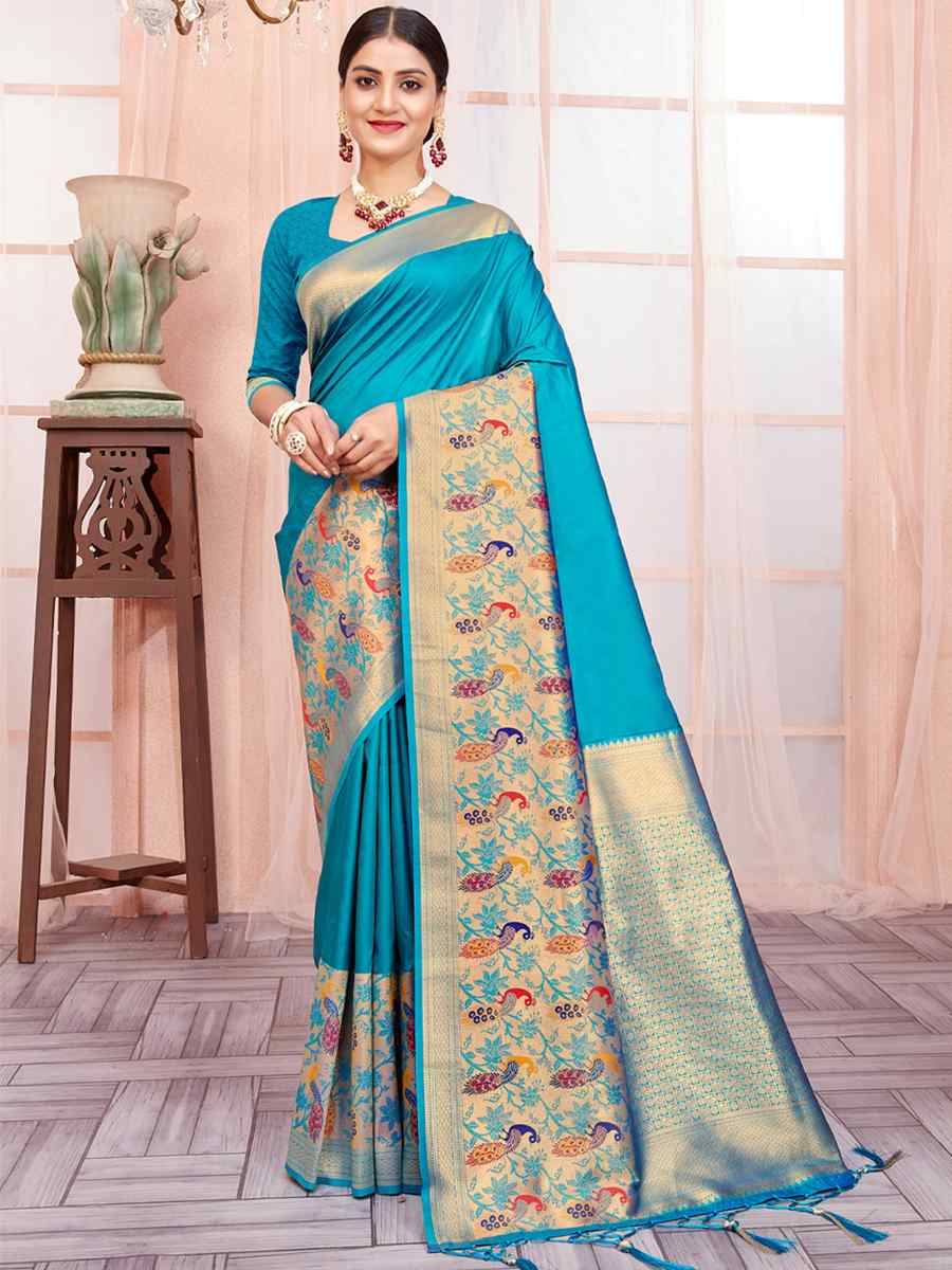 Blue Paithani Silk Handwoven Wedding Festival Heavy Border Saree