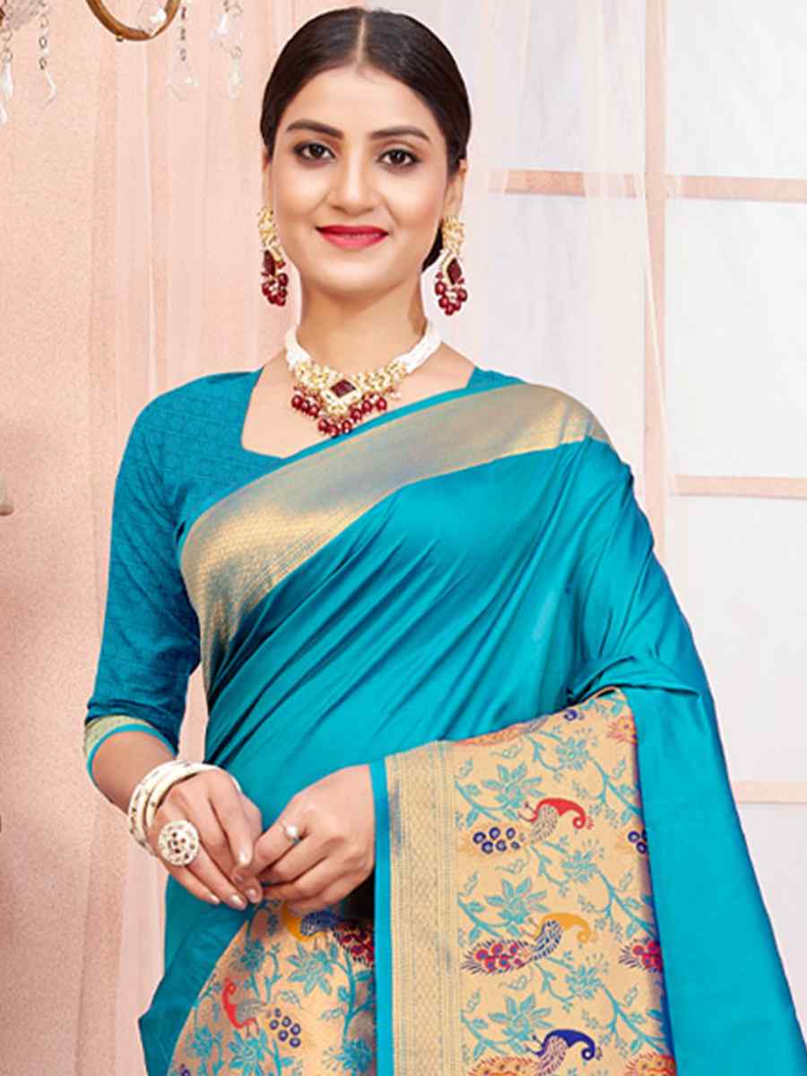 Blue Paithani Silk Handwoven Wedding Festival Heavy Border Saree